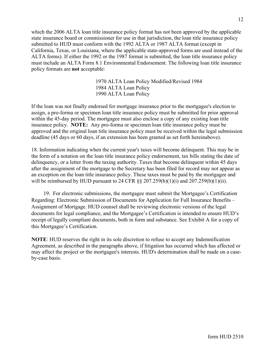 Form HUD-2510 Legal Instructions Concerning Applications for Full Insurance Benefits - Assignment of Multifamily and Healthcare Mortgages to the Secretary, Page 12