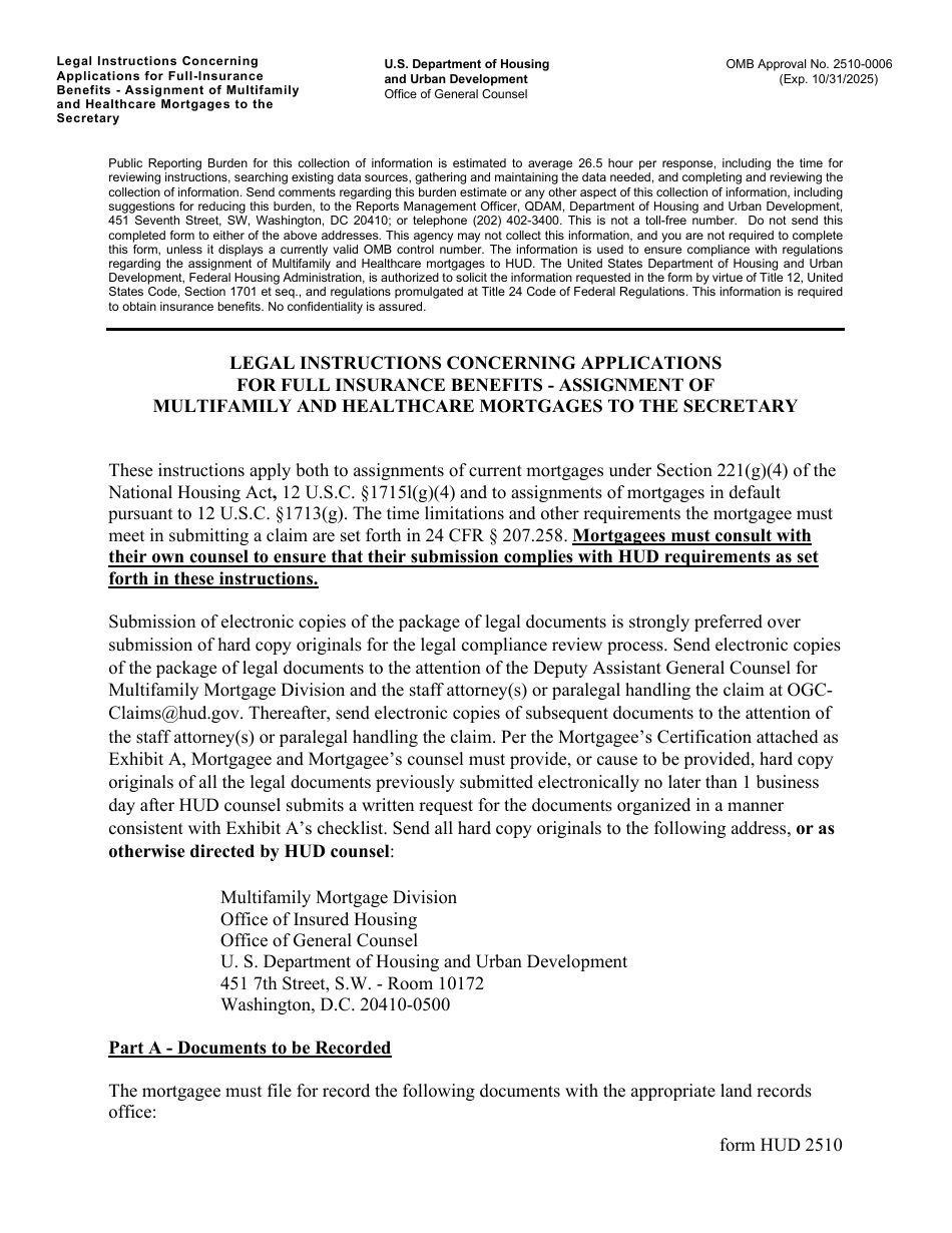 Form HUD-2510 Legal Instructions Concerning Applications for Full Insurance Benefits - Assignment of Multifamily and Healthcare Mortgages to the Secretary, Page 1