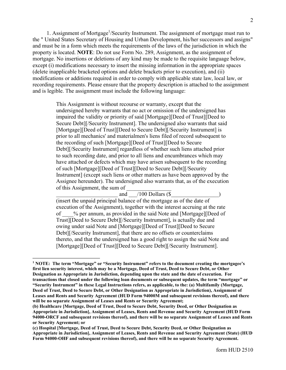 Form HUD-2510 Legal Instructions Concerning Applications for Full Insurance Benefits - Assignment of Multifamily and Healthcare Mortgages to the Secretary, Page 2