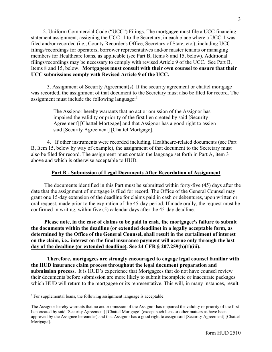 Form HUD-2510 Legal Instructions Concerning Applications for Full Insurance Benefits - Assignment of Multifamily and Healthcare Mortgages to the Secretary, Page 3