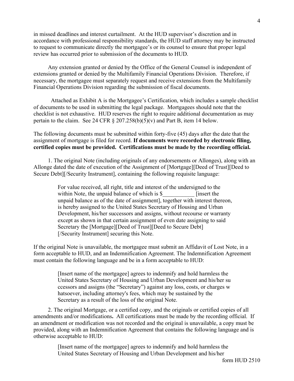 Form HUD-2510 Legal Instructions Concerning Applications for Full Insurance Benefits - Assignment of Multifamily and Healthcare Mortgages to the Secretary, Page 4