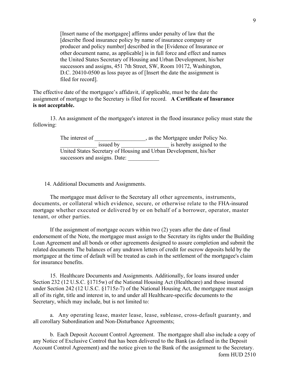 Form HUD-2510 Legal Instructions Concerning Applications for Full Insurance Benefits - Assignment of Multifamily and Healthcare Mortgages to the Secretary, Page 9