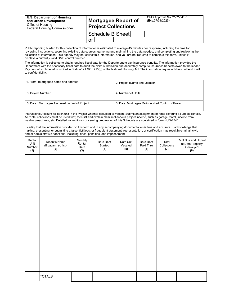 Form HUD-2744-B Mortgagee Report of Project Collections, Page 1