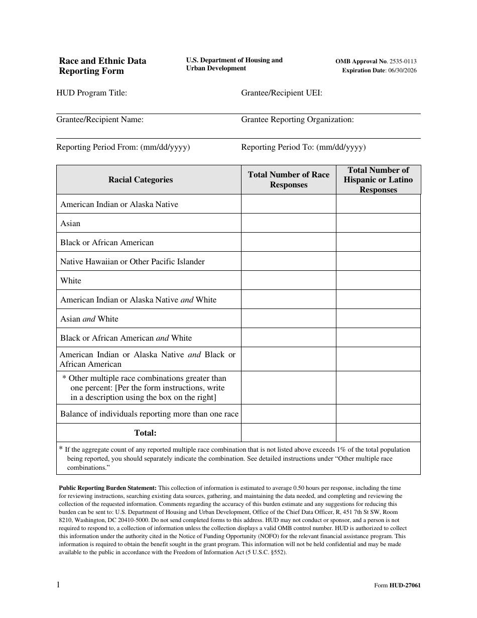Form HUD-27061 Race and Ethnic Data Reporting Form, Page 1