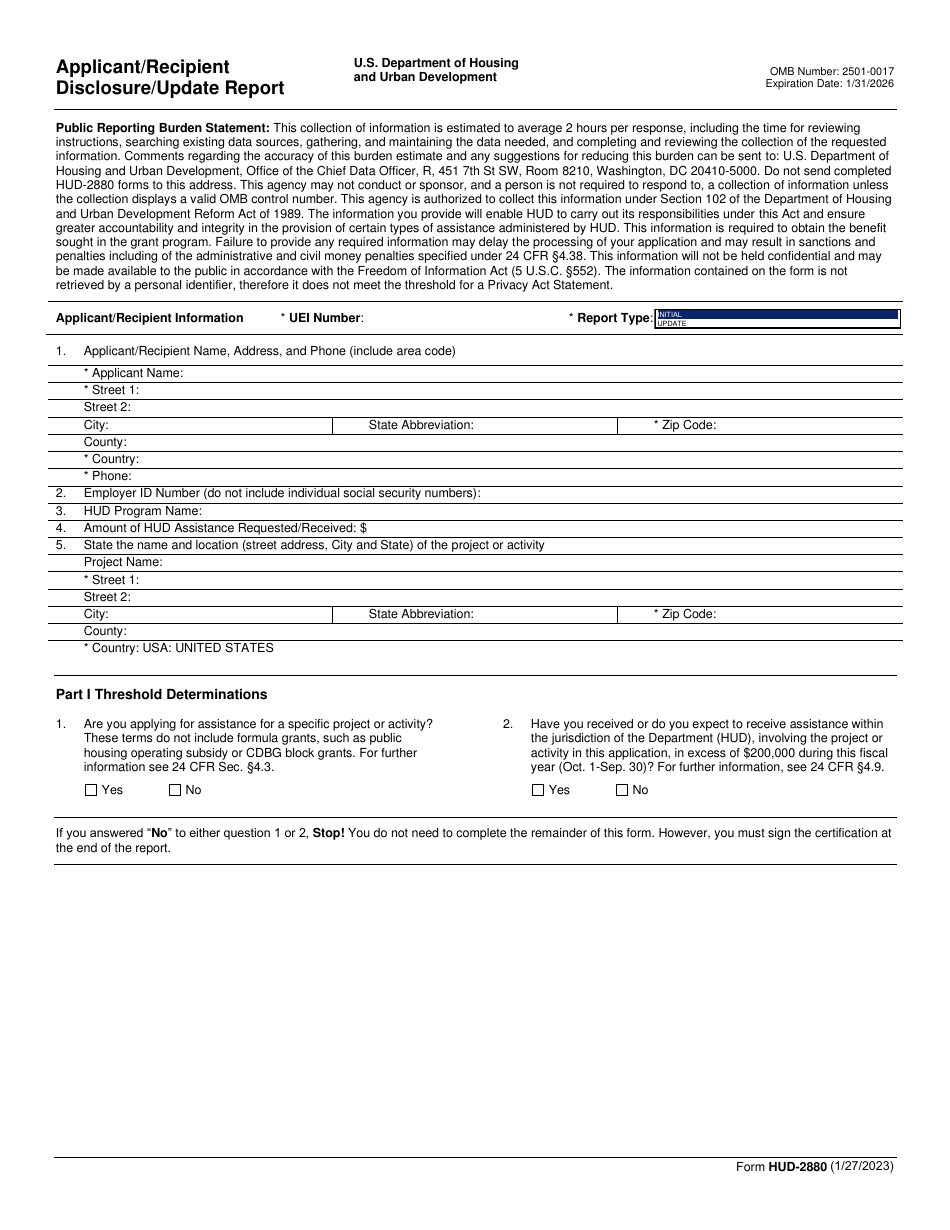 Form HUD-2880 Applicant / Recipient Disclosure / Update Report, Page 1