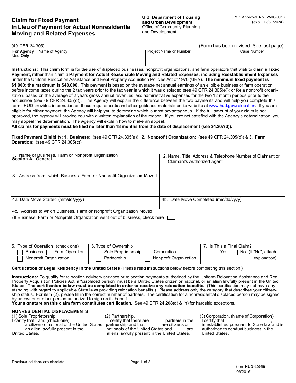 Form HUD-40056 Claim for Fixed Payment in Lieu of Payment for Actual Moving and Related Expenses - Businesses, Nonprofit Organizations and Farm Operations (Cpd), Page 1