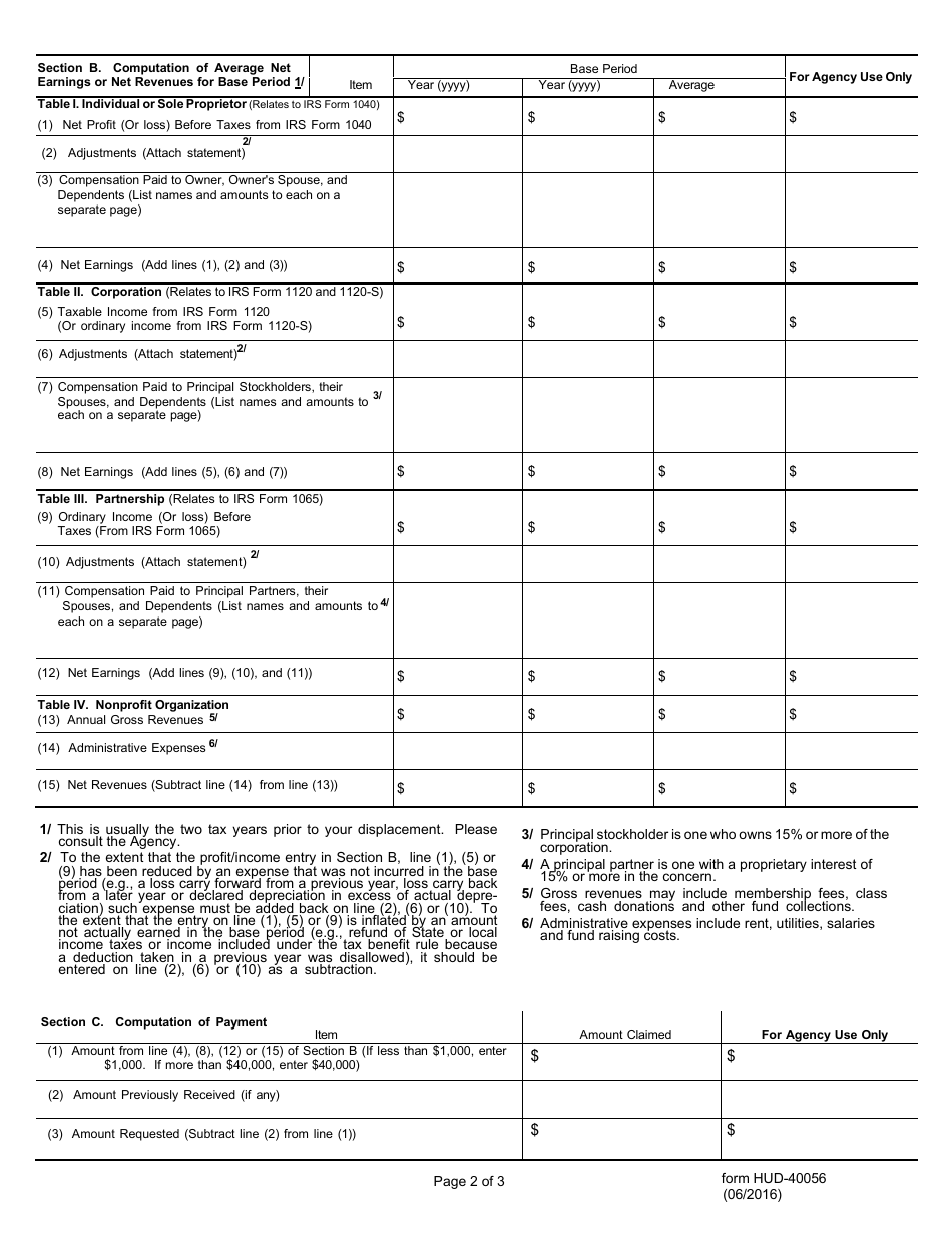 Form HUD-40056 Claim for Fixed Payment in Lieu of Payment for Actual Moving and Related Expenses - Businesses, Nonprofit Organizations and Farm Operations (Cpd), Page 2