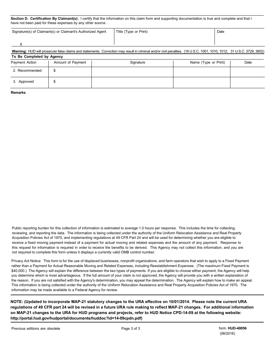 Form HUD-40056 Claim for Fixed Payment in Lieu of Payment for Actual Moving and Related Expenses - Businesses, Nonprofit Organizations and Farm Operations (Cpd), Page 3