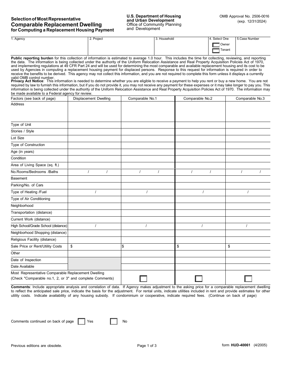 Form HUD-40061 Comparable Replacement Dwelling for Computing a Replacement Housing Payment, Page 1