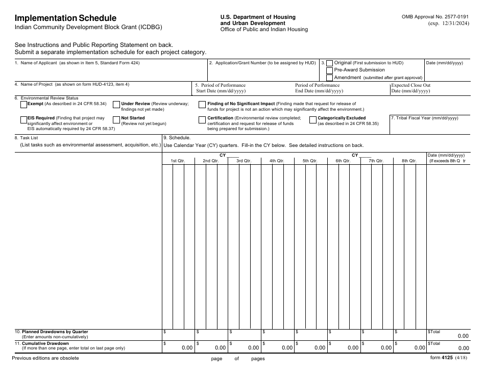 Form HUD-4125 Implementation Schedule - Indian Community Development Block Grant (Icdbg), Page 1