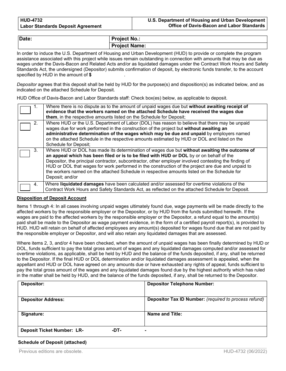 Form HUD-4732 Labor Standards Deposit Agreement, Page 1