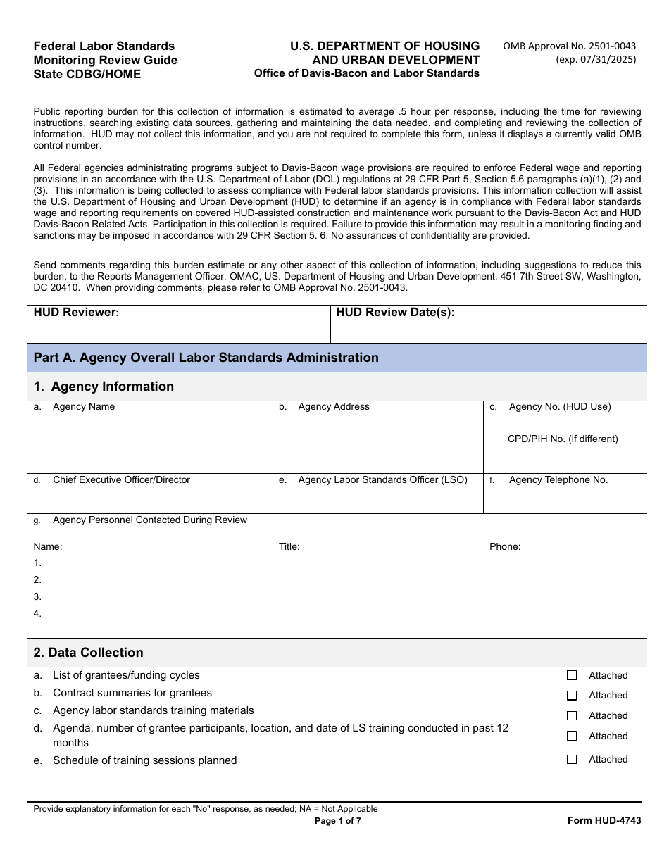 Form HUD-4743 Federal Labor Standards Monitoring Review Guide State Cdbg / Home, Page 1