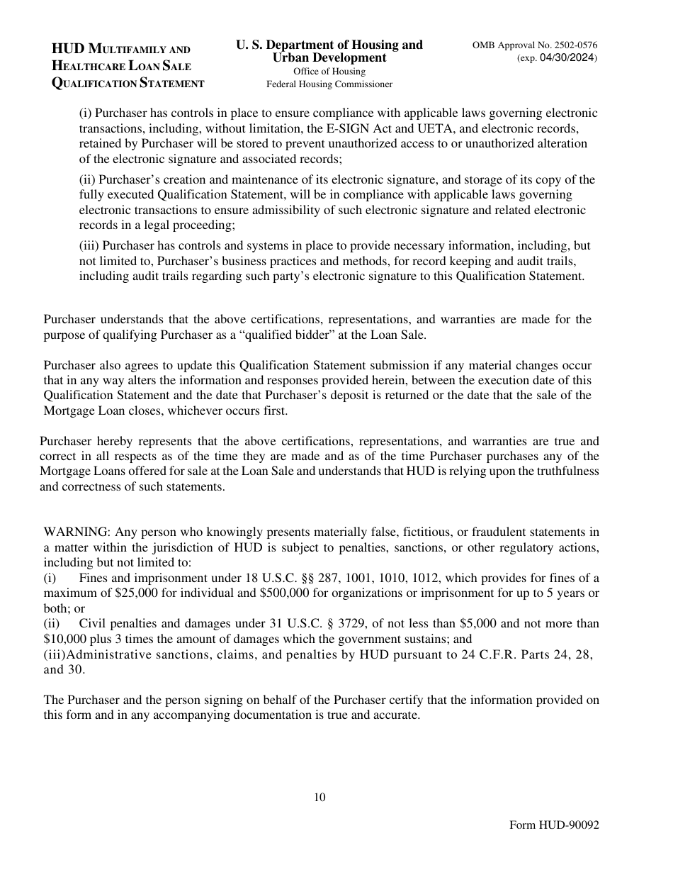 Form HUD-90092 Hud Multifamily and Healthcare Loan Sale Qualification Statement, Page 10