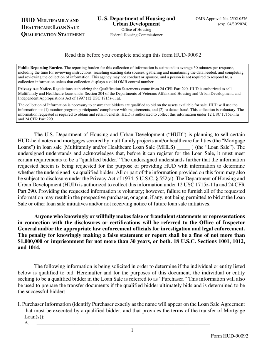 Form HUD-90092 Hud Multifamily and Healthcare Loan Sale Qualification Statement, Page 1