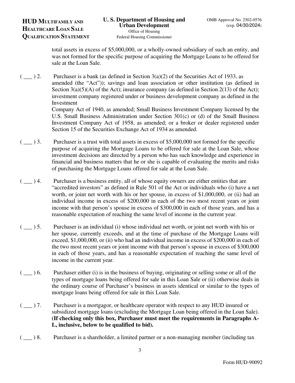 Form HUD-90092 Hud Multifamily and Healthcare Loan Sale Qualification Statement, Page 3
