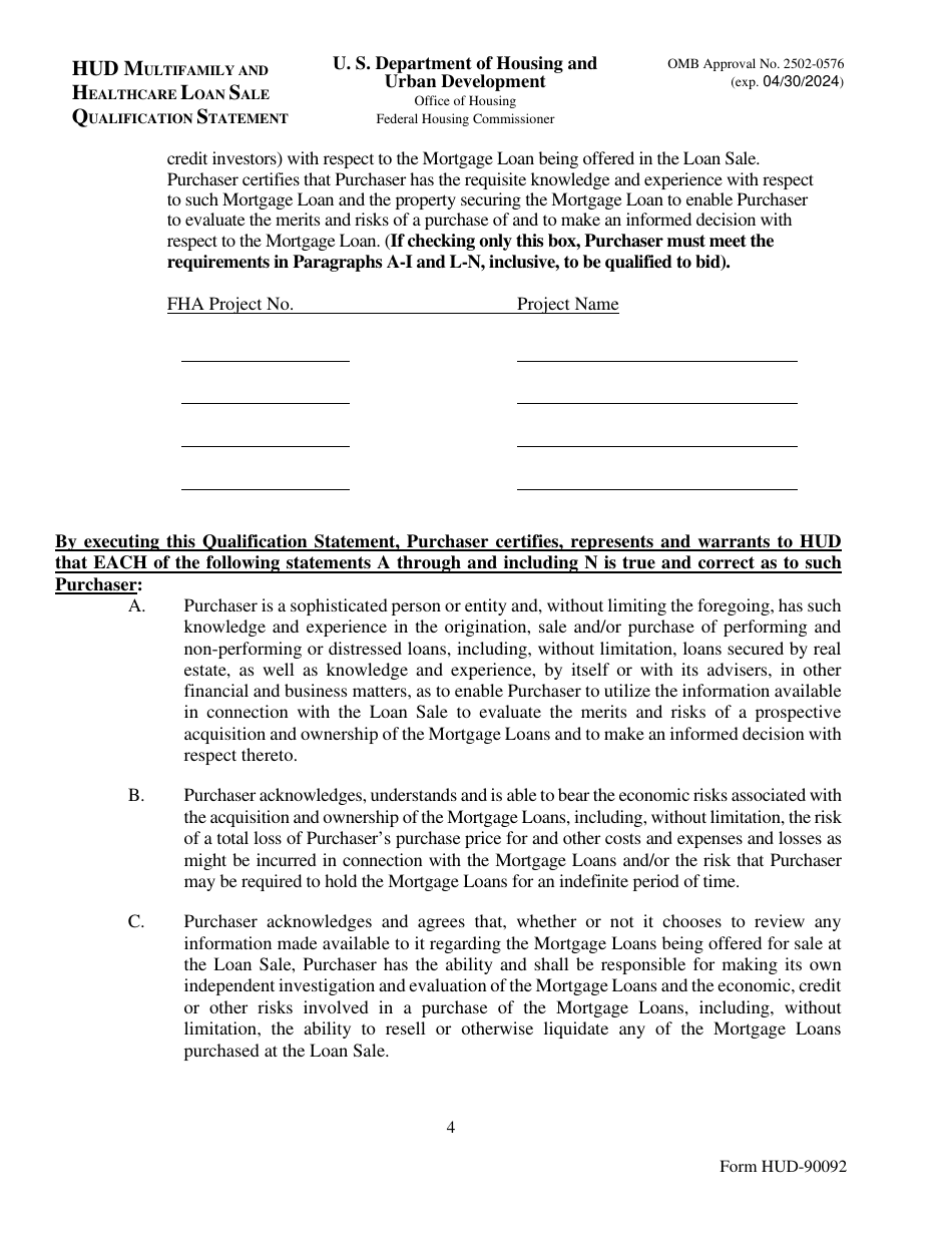 Form HUD-90092 Hud Multifamily and Healthcare Loan Sale Qualification Statement, Page 4