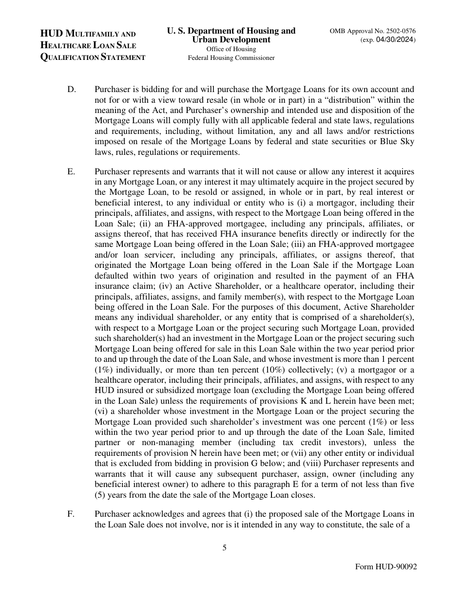 Form HUD-90092 Hud Multifamily and Healthcare Loan Sale Qualification Statement, Page 5