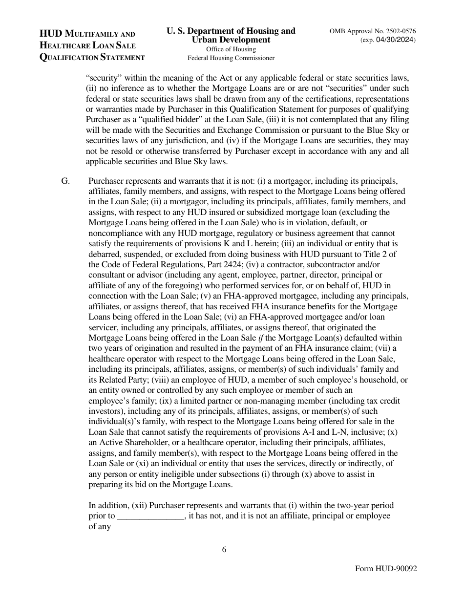 Form HUD-90092 Hud Multifamily and Healthcare Loan Sale Qualification Statement, Page 6