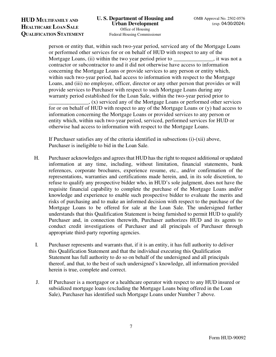 Form HUD-90092 Hud Multifamily and Healthcare Loan Sale Qualification Statement, Page 7