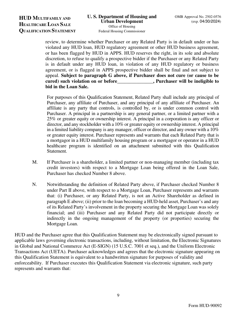 Form HUD-90092 Hud Multifamily and Healthcare Loan Sale Qualification Statement, Page 9