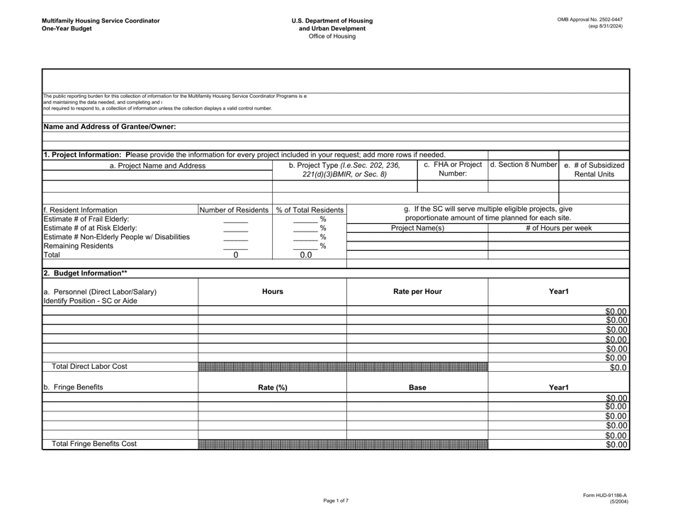 Form HUD-91186-A Multifamily Housing Service Coordinator One-Year Budge, Page 1