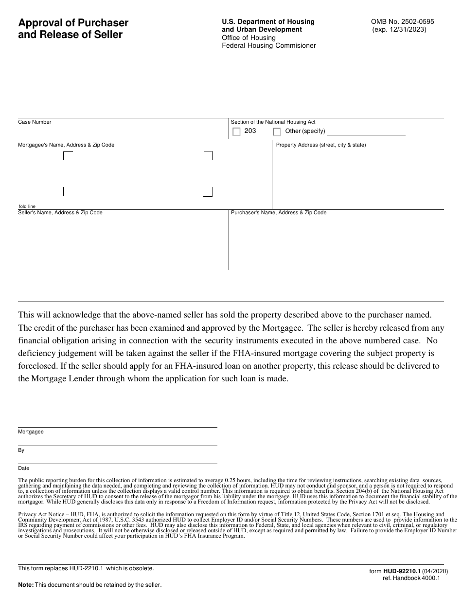 Form HUD-92210.1 Approval of Purchaser and Release of Seller, Page 1