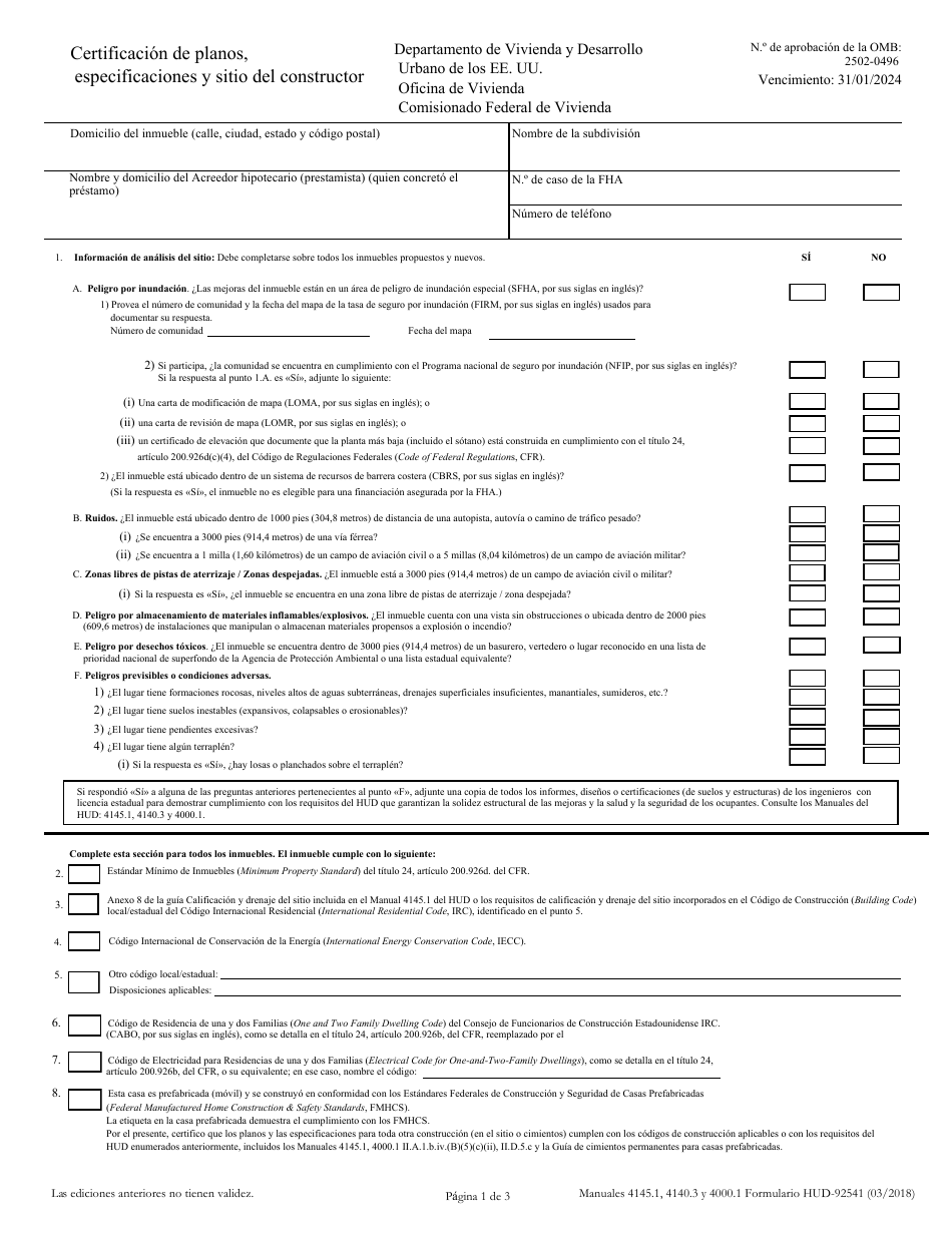 Formulario HUD-92541 Certificacion De Planos, Especificaciones Y Sitio Del Constructor (Spanish), Page 1