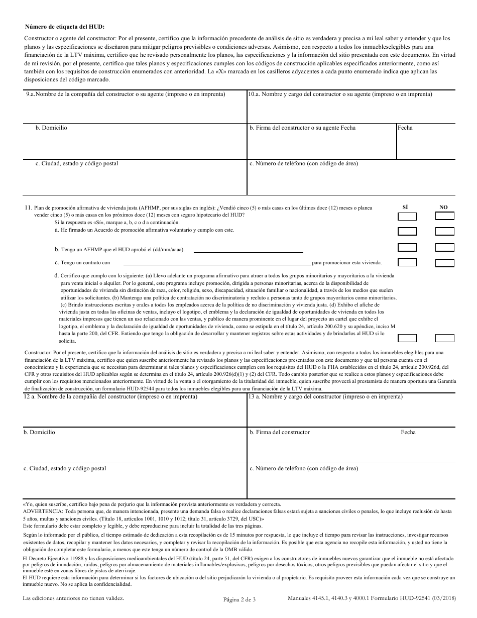 Formulario HUD-92541 Certificacion De Planos, Especificaciones Y Sitio Del Constructor (Spanish), Page 2