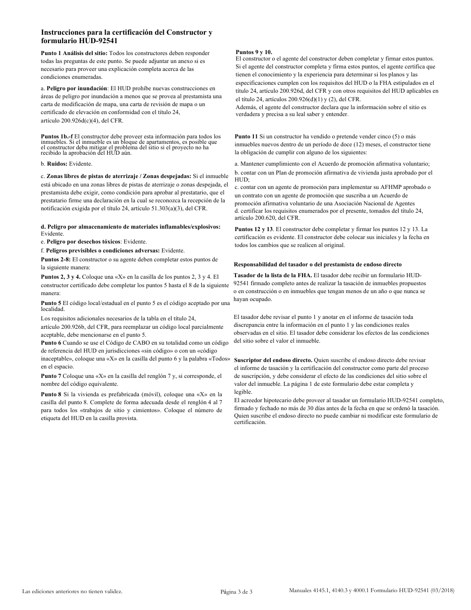 Formulario HUD-92541 Certificacion De Planos, Especificaciones Y Sitio Del Constructor (Spanish), Page 3