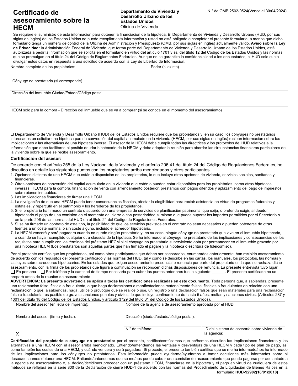 Formulario HUD-92902 Certificado De Asesoramiento Sobre La Hecm (Spanish), Page 1