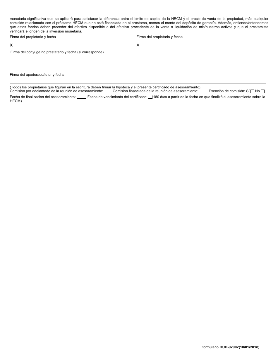 Formulario HUD-92902 Certificado De Asesoramiento Sobre La Hecm (Spanish), Page 2