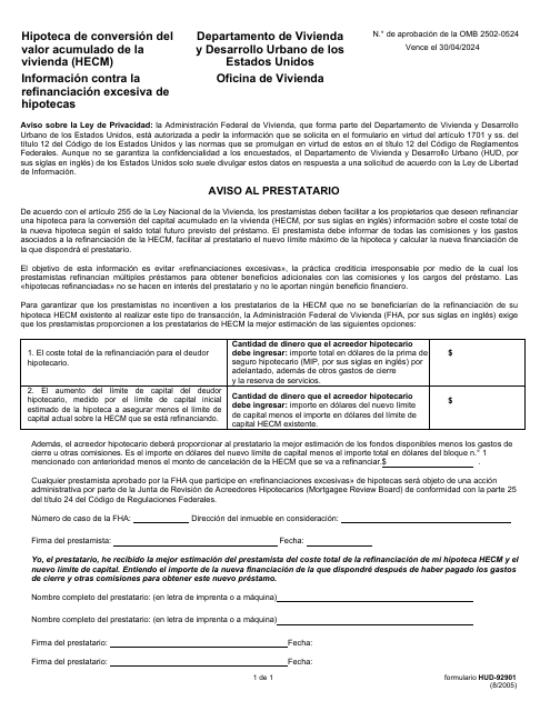 Formulario HUD-92901-HECM Hipoteca De Conversion Del Valor Acumulado De La Vivienda (Hecm) Informacion Contra La Refinanciacion Excesiva De Hipotecas (Spanish)