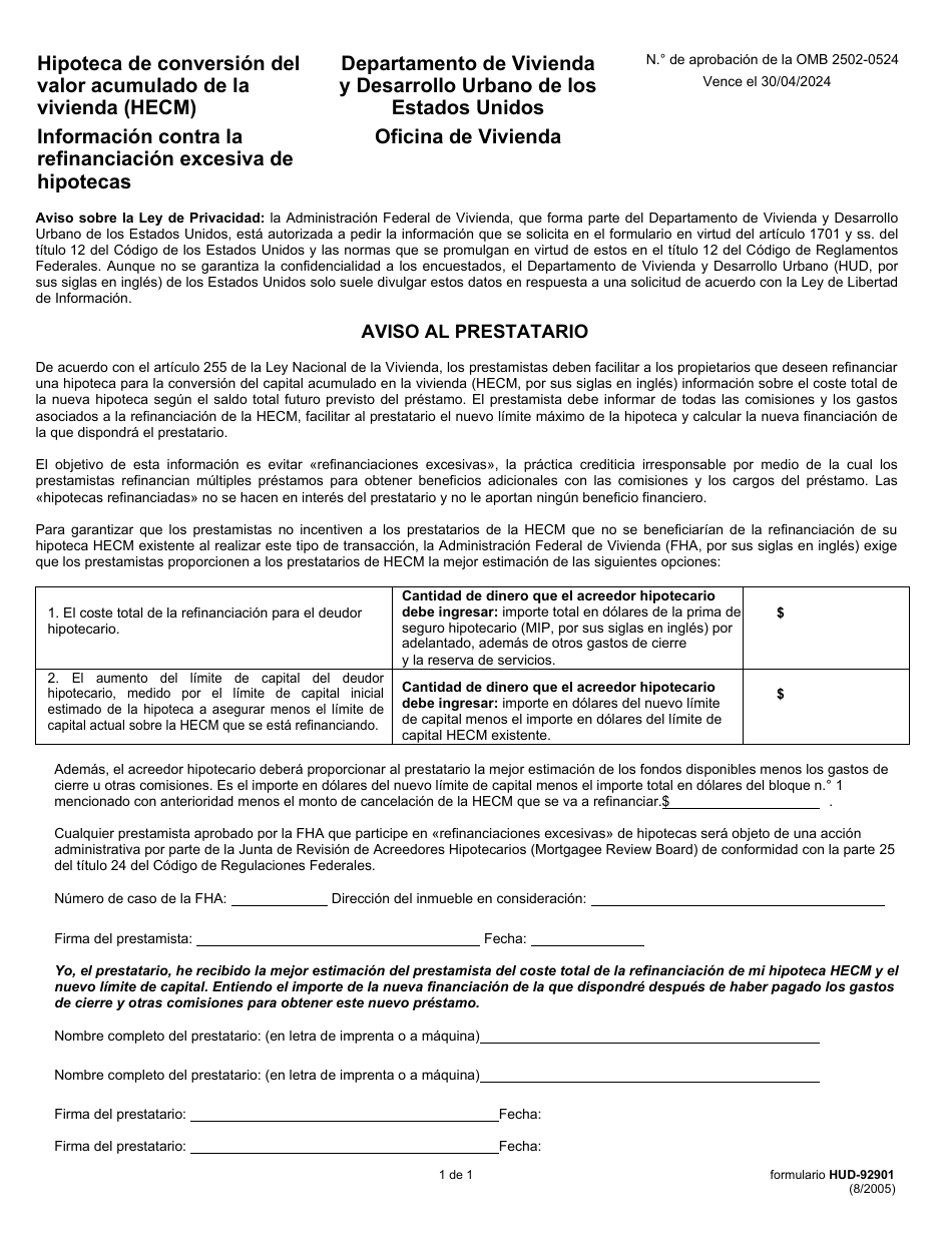 Formulario HUD-92901-HECM Hipoteca De Conversion Del Valor Acumulado De La Vivienda (Hecm) Informacion Contra La Refinanciacion Excesiva De Hipotecas (Spanish), Page 1