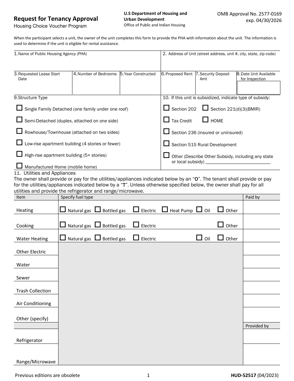 Form HUD-52517 Request for Tenancy Approval - Housing Choice Voucher Program, Page 1