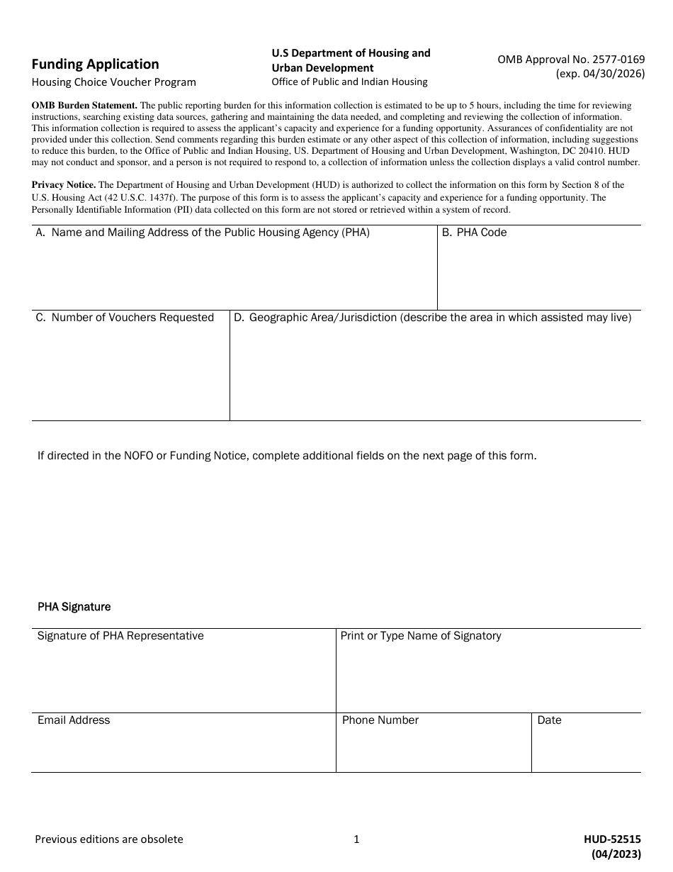 Form HUD-52515 Funding Application, Page 1