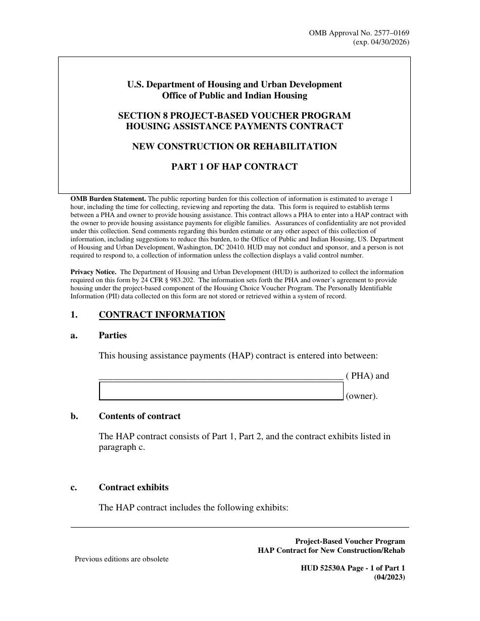 Form HUD52530-A Part 1 Housing Assistance Payments Contract New Construction or Rehabilitation - Section 8 Project-Based Voucher Program, Page 1
