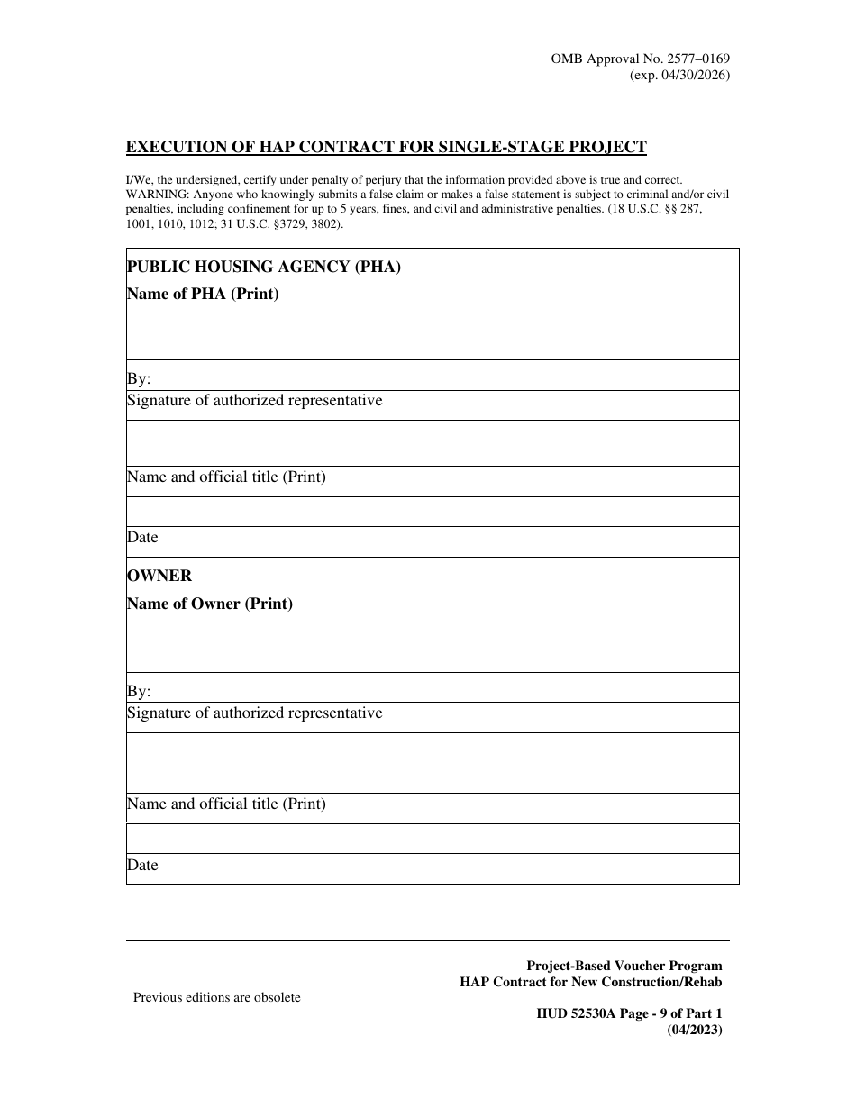 Form HUD52530-A Part 1 Housing Assistance Payments Contract New Construction or Rehabilitation - Section 8 Project-Based Voucher Program, Page 9