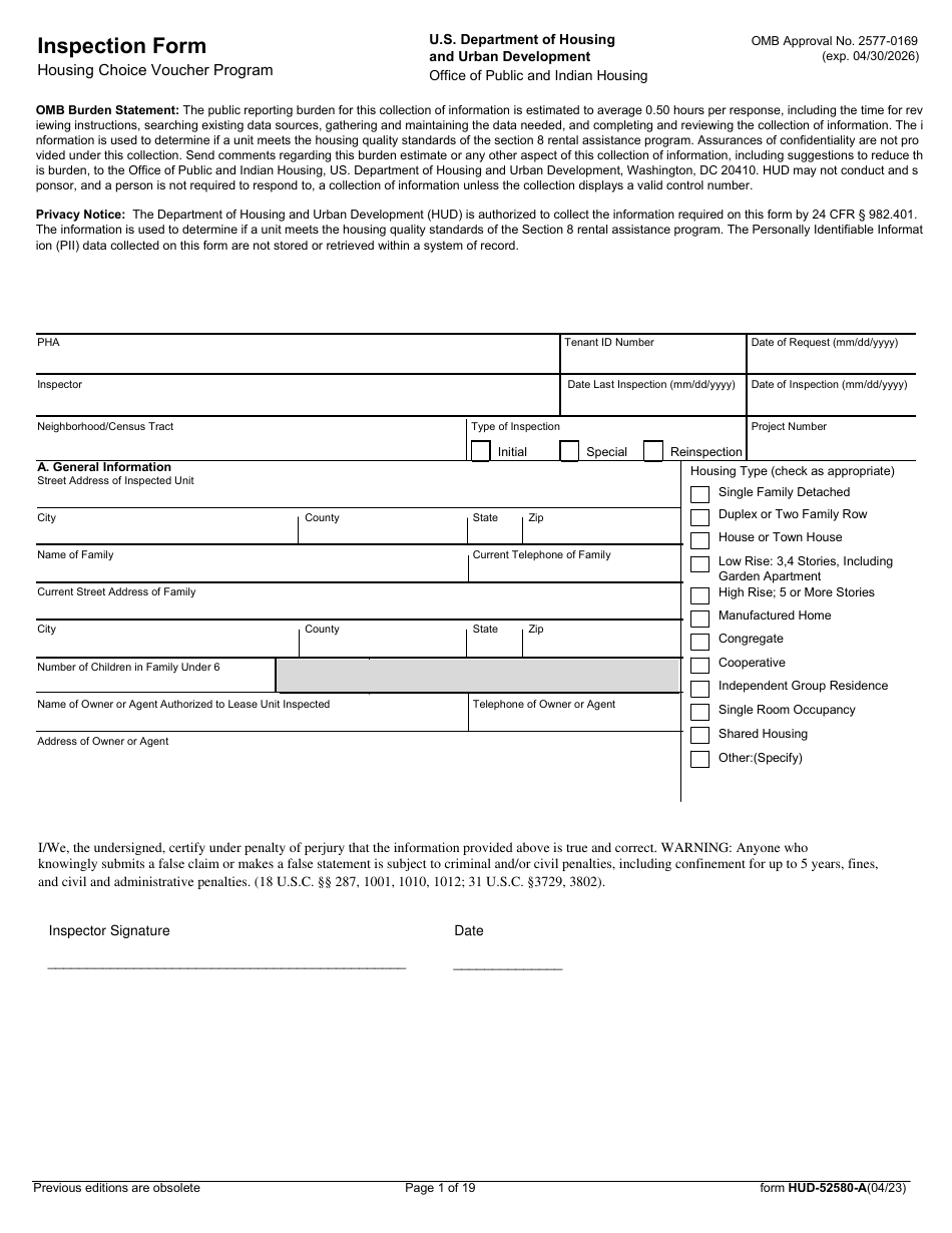 Form HUD-52580 -A Inspection Form - Housing Choice Voucher Program, Page 1