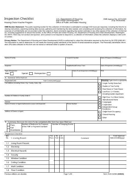 Form HUD-52580 Inspection Checklist - Housing Choice Voucher Program