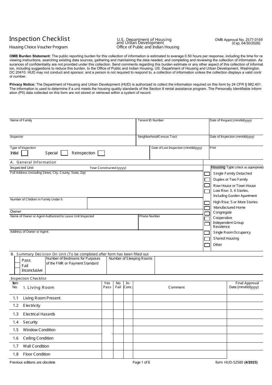 Form HUD-52580 Inspection Checklist - Housing Choice Voucher Program, Page 1