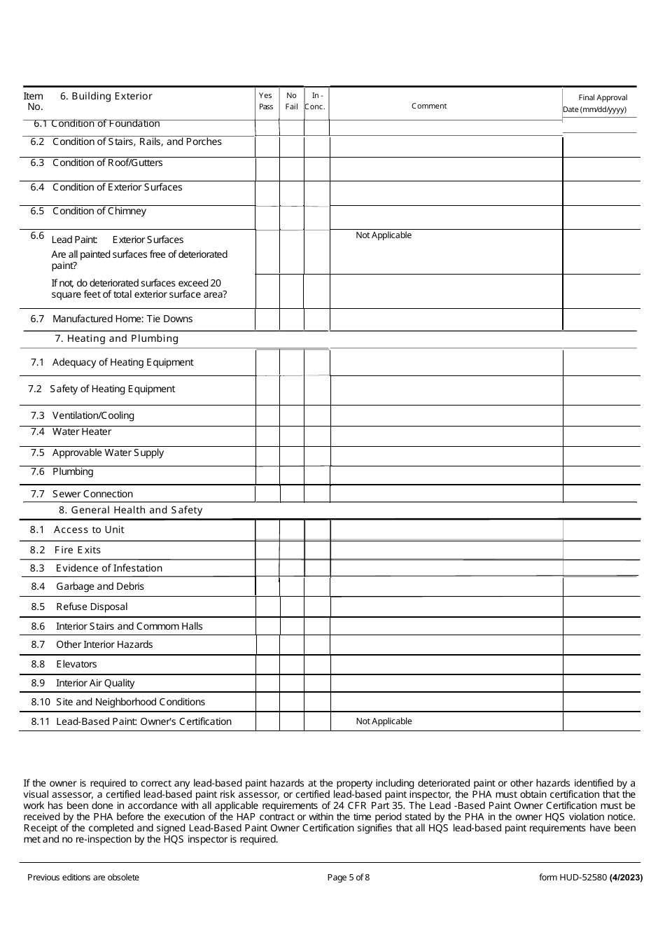 Form HUD-52580 Download Fillable PDF or Fill Online Inspection ...