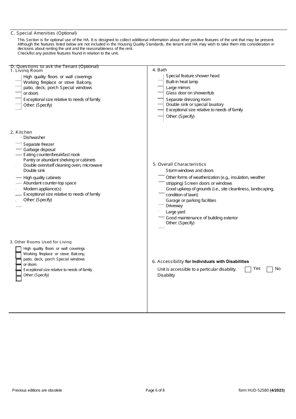 Form HUD52580 Download Fillable PDF or Fill Online Inspection Checklist Housing Choice