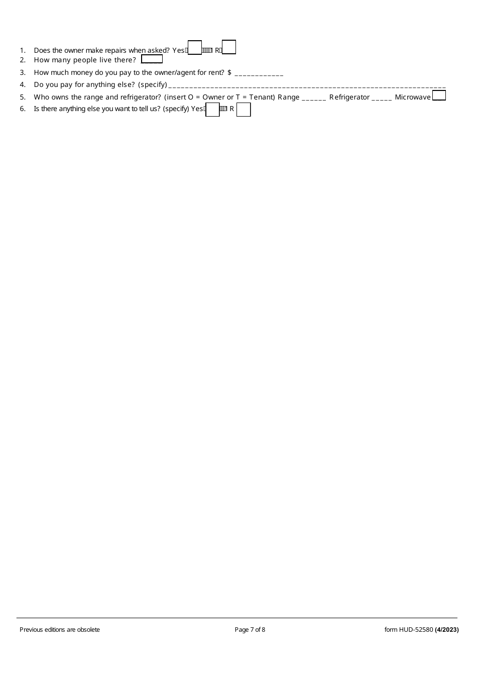 Form HUD52580 Download Fillable PDF or Fill Online Inspection Checklist Housing Choice