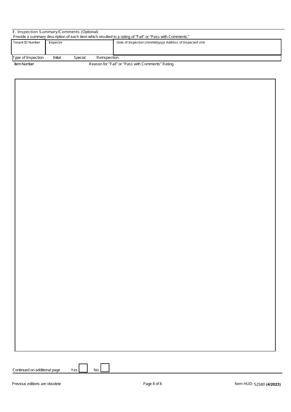Form HUD52580 Download Fillable PDF or Fill Online Inspection Checklist Housing Choice