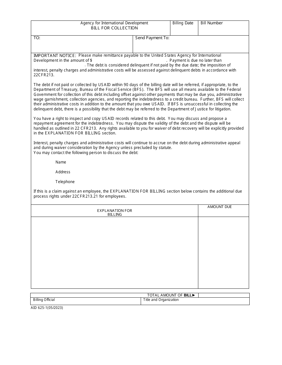 Form AID625-1 Bill for Collection, Page 1