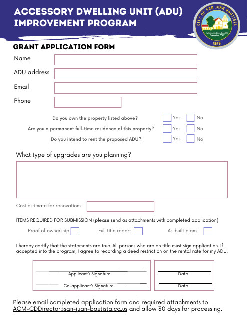 Grant Application Form - Accessory Dwelling Unit (Adu) Improvement Program - City of San Juan Bautista, California Download Pdf