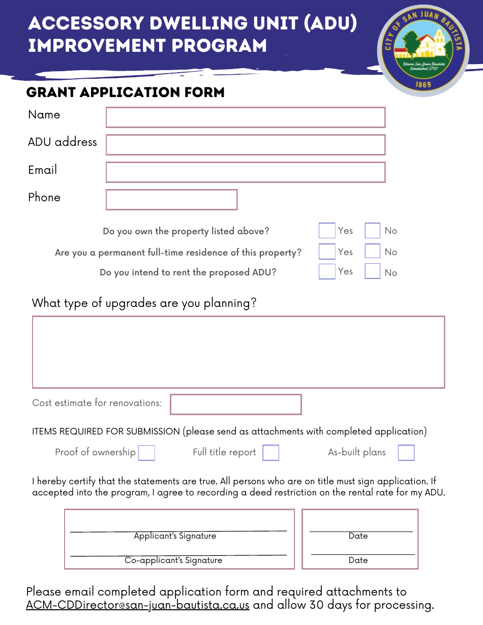 Grant Application Form - Accessory Dwelling Unit (Adu) Improvement Program - City of San Juan Bautista, California, Page 1