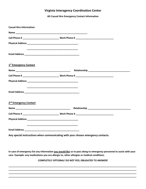 Ad Casual Hire Emergency Contact Information - Virginia Download Pdf