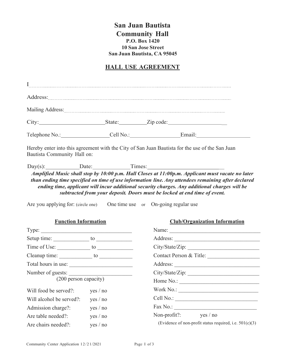Hall Use Agreement - City of San Juan Bautista, California, Page 1