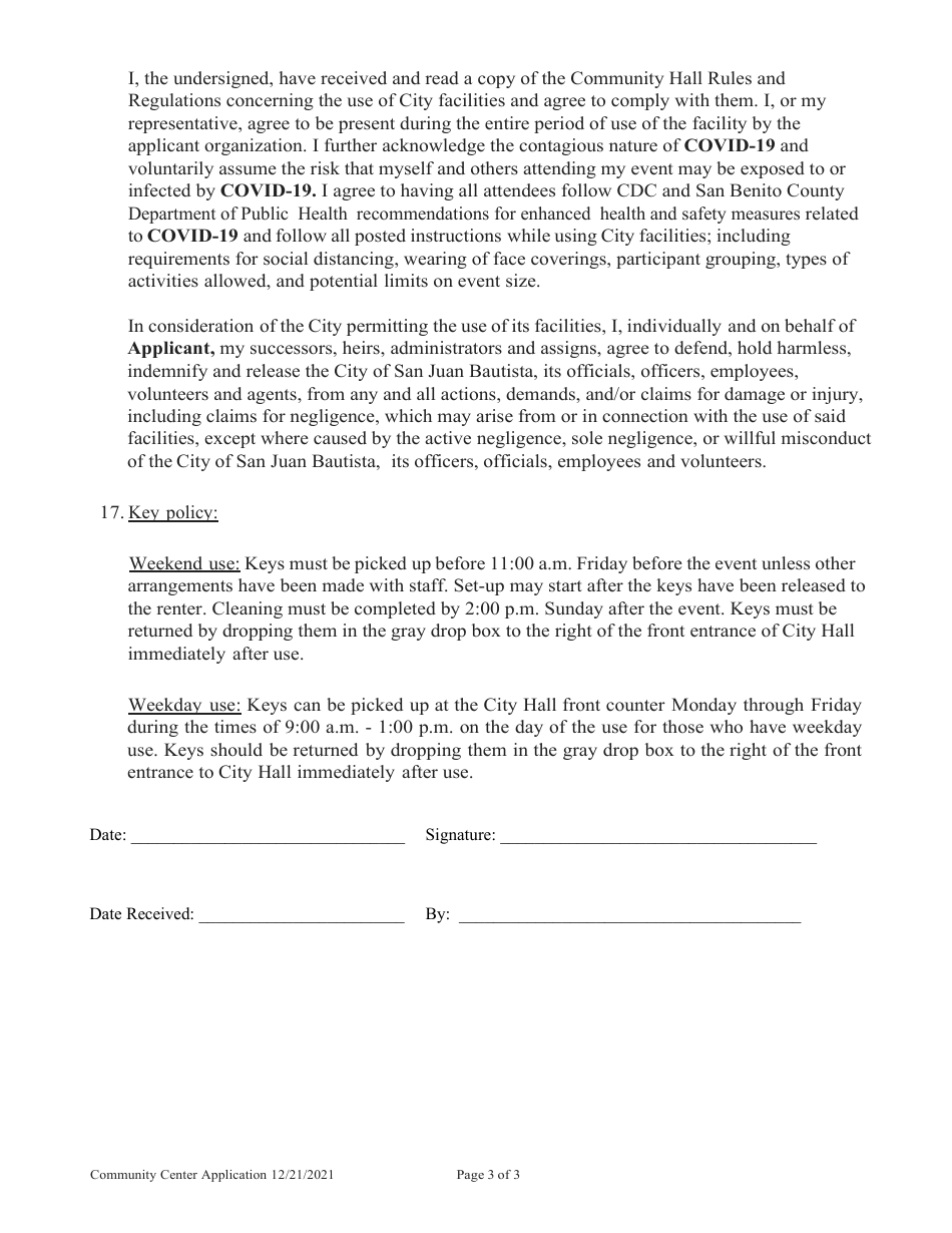 Hall Use Agreement - City of San Juan Bautista, California, Page 3